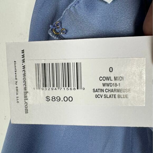 NWT WeWoreWhat Slate Blue Satin Charmeuse Cowl Neck Midi Slip Dress X-Small - Picture 8 of 16